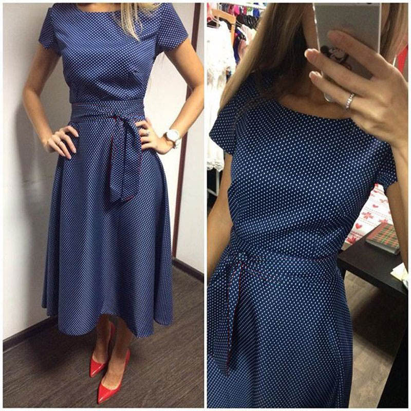 Online discount shop Australia - Casual Dot Women Popular Maxi Dress Short Sleeve O-Neck Knee-Length Long Dresses Plus Size