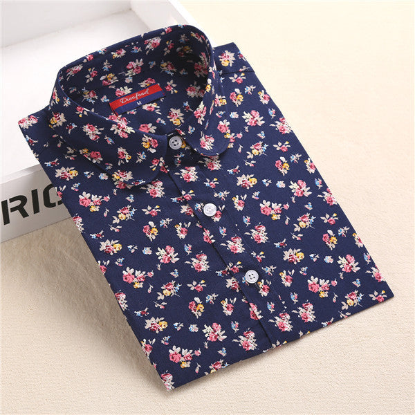 Online discount shop Australia - Floral Blouse Shirt Women Long Sleeve Tops Cotton Shirts White Navy Blouses Small Flower