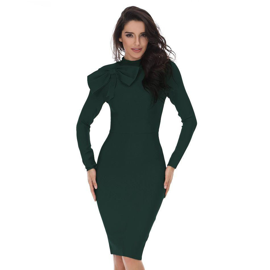 women Winter Bodycon Dress long sleeve high neck red dark green bow knee-length celebrity sexy bandage dress