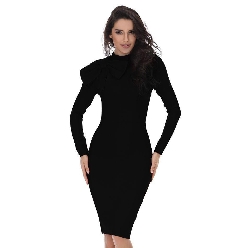 women Winter Bodycon Dress long sleeve high neck red dark green bow knee-length celebrity sexy bandage dress