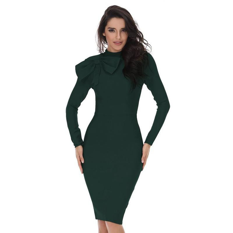 women Winter Bodycon Dress long sleeve high neck red dark green bow knee-length celebrity sexy bandage dress