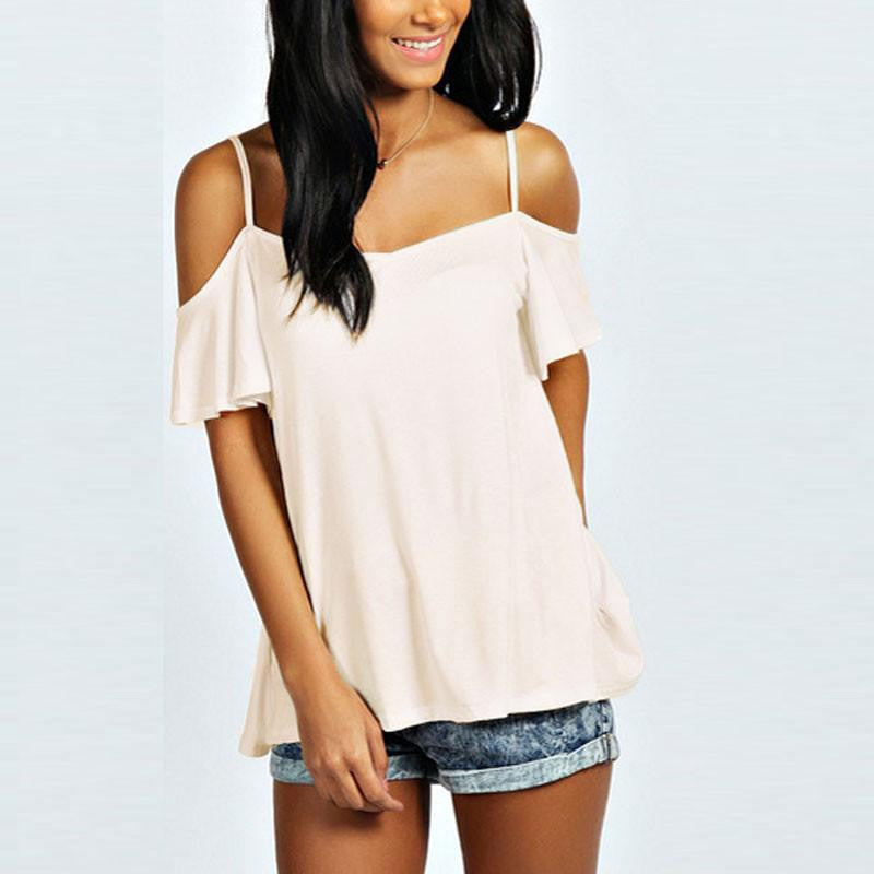 T Shirt Women Casual Slash Neck Off Shoulder T-Shirt Short Sleeve Solid Stretch Tops