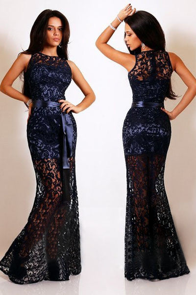 party evening Navy Lace Satin Patchwork Maxi Dress autumn dress