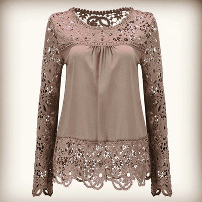 Plus Size 7XL Shirt Chiffon Blouse Hollow Lace Splice Women Tops Long Sleeve Shirt Women Casual Women Tops