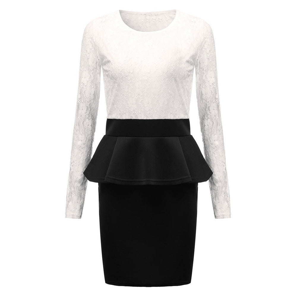 Style Long Sleeve Women Patchwork O Neck Bodycon Lace Party Peplum Flounce Bandage Pencil Dress Plus Size Vestidos