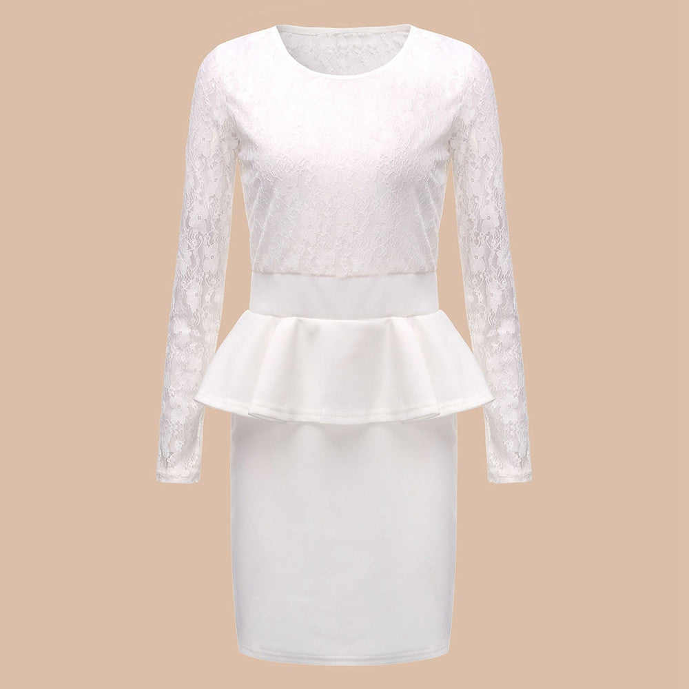 Style Long Sleeve Women Patchwork O Neck Bodycon Lace Party Peplum Flounce Bandage Pencil Dress Plus Size Vestidos