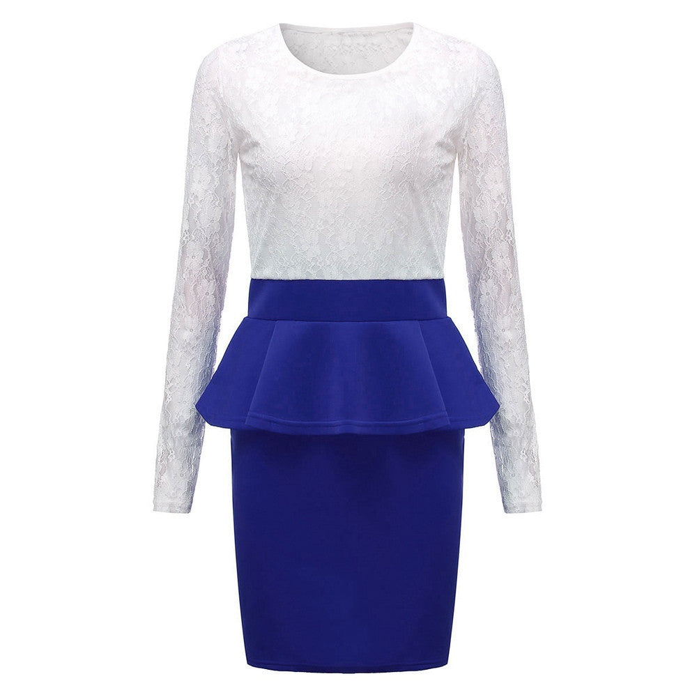 Style Long Sleeve Women Patchwork O Neck Bodycon Lace Party Peplum Flounce Bandage Pencil Dress Plus Size Vestidos