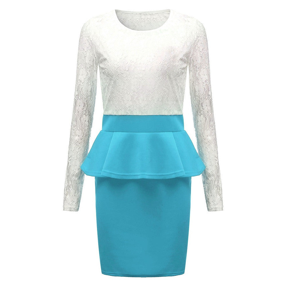 Style Long Sleeve Women Patchwork O Neck Bodycon Lace Party Peplum Flounce Bandage Pencil Dress Plus Size Vestidos