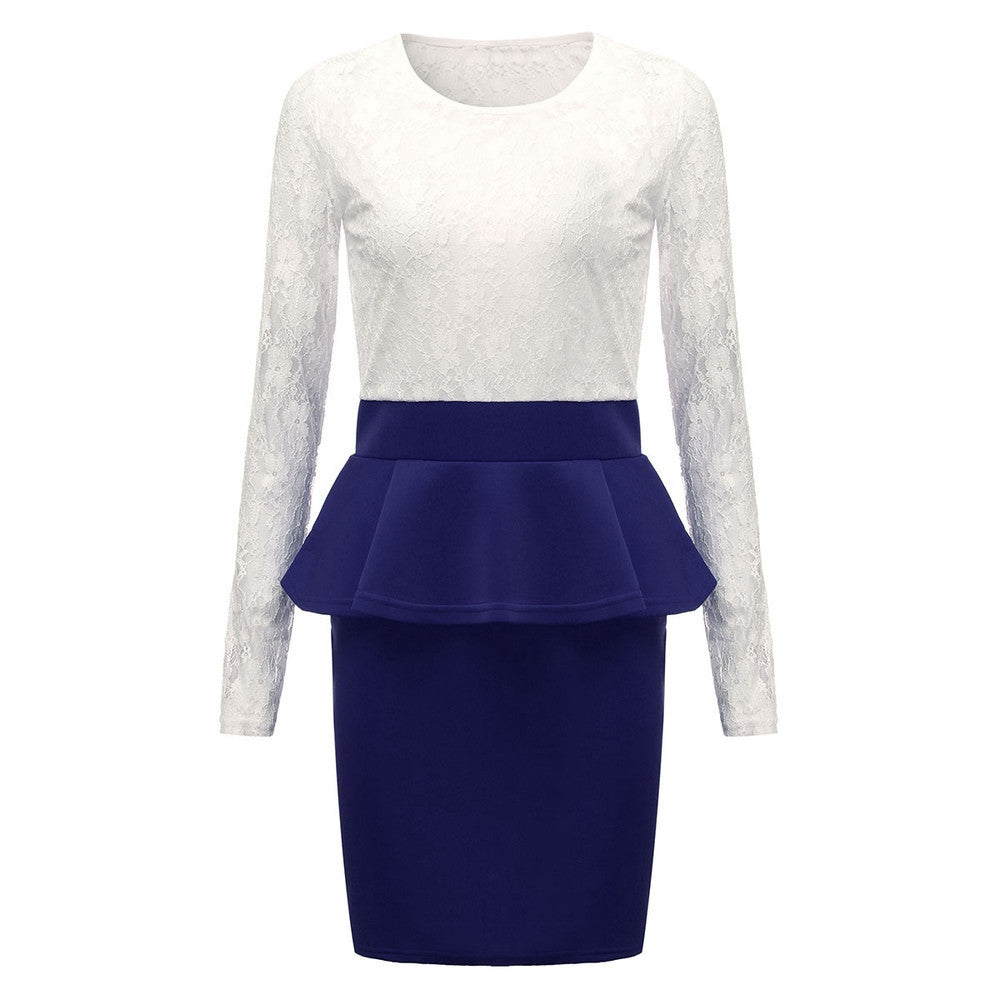 Style Long Sleeve Women Patchwork O Neck Bodycon Lace Party Peplum Flounce Bandage Pencil Dress Plus Size Vestidos