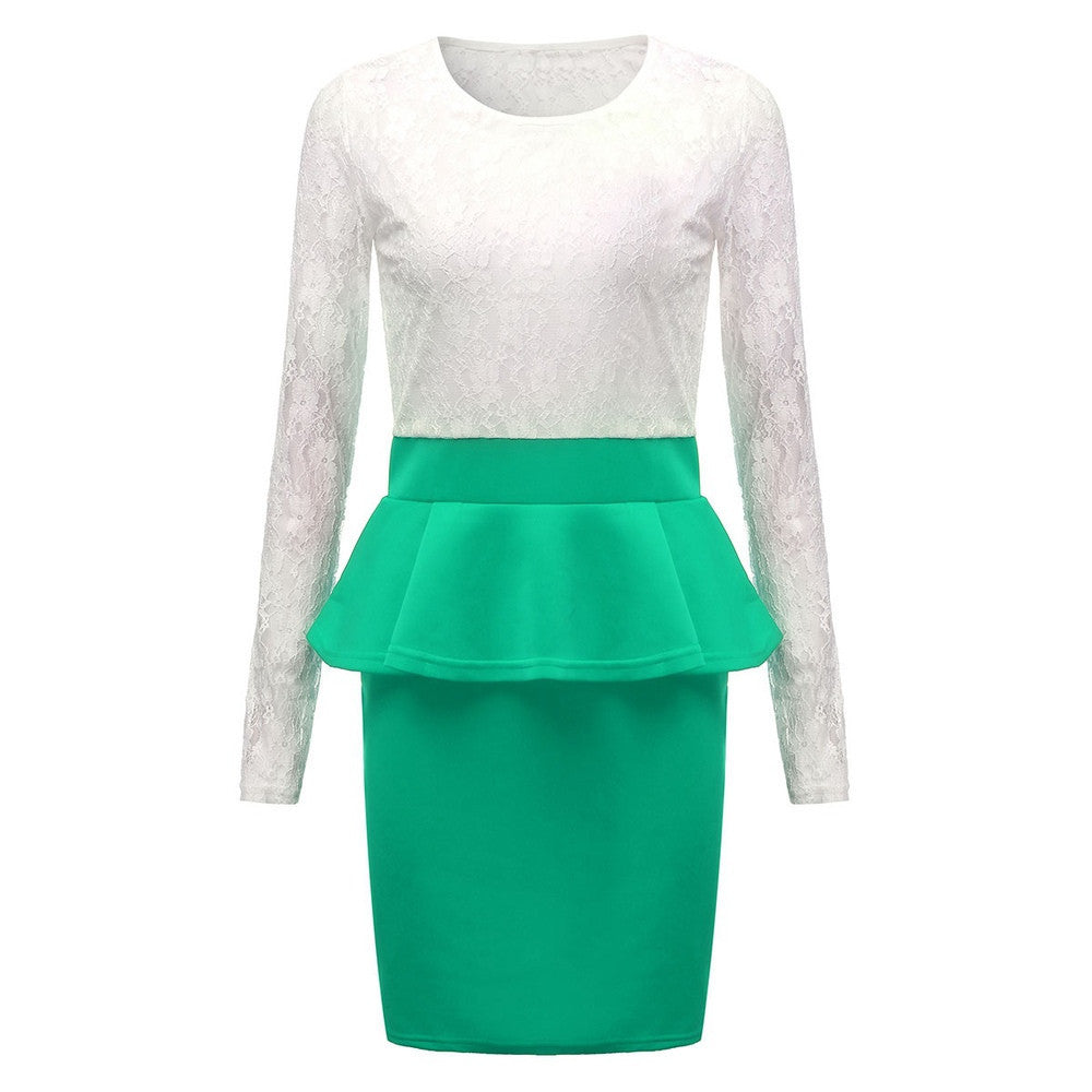 Style Long Sleeve Women Patchwork O Neck Bodycon Lace Party Peplum Flounce Bandage Pencil Dress Plus Size Vestidos