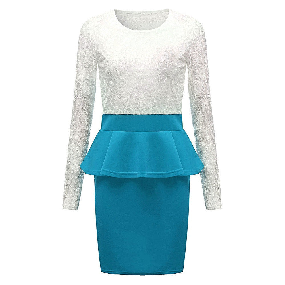 Style Long Sleeve Women Patchwork O Neck Bodycon Lace Party Peplum Flounce Bandage Pencil Dress Plus Size Vestidos