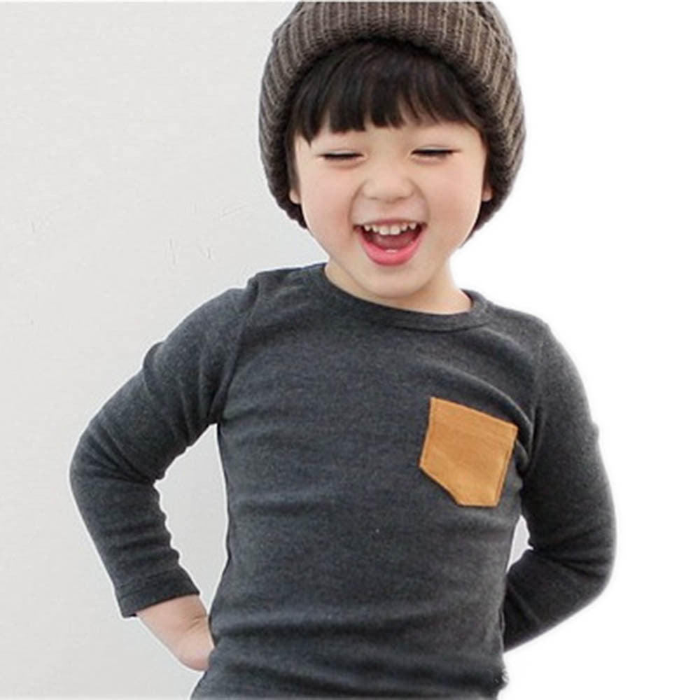 Online discount shop Australia - Baby Kids Long Sleeve Crewneck T-shirt Pocket Decor Boy Girl Shirt Clothes 2-7 Y