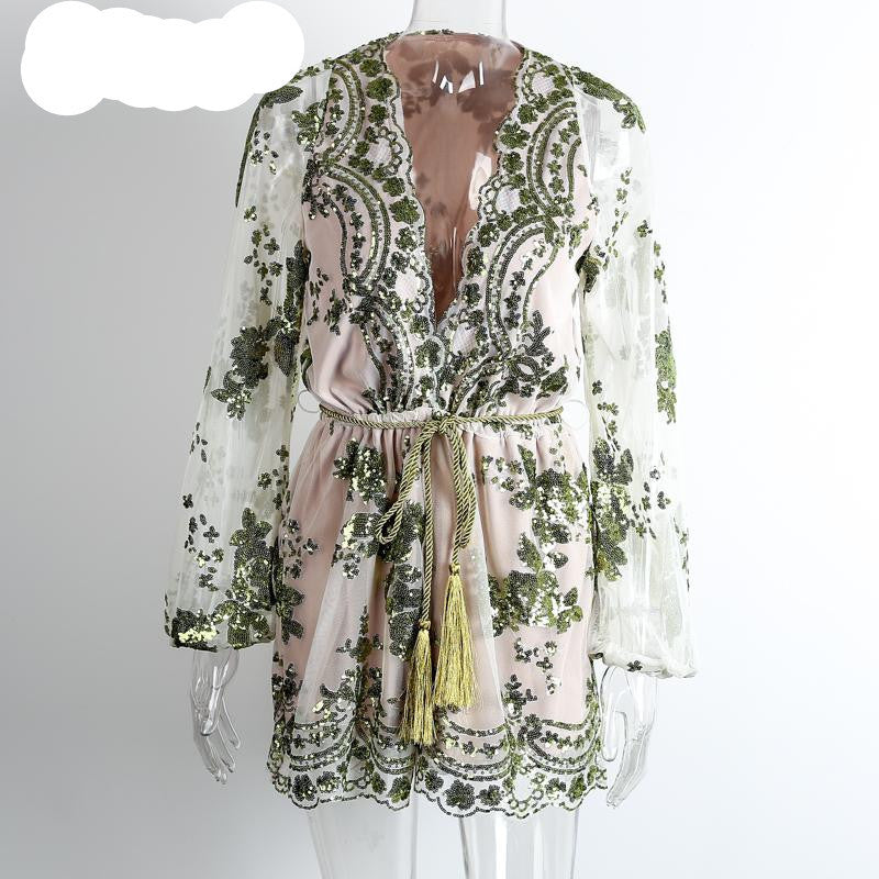 Simplee Autumn Gold sequin embroidery elegant jumpsuit romper Transparent mesh sleeve playsuit women Deep v neck overalls-Dollar Bargains Online Shopping Australia