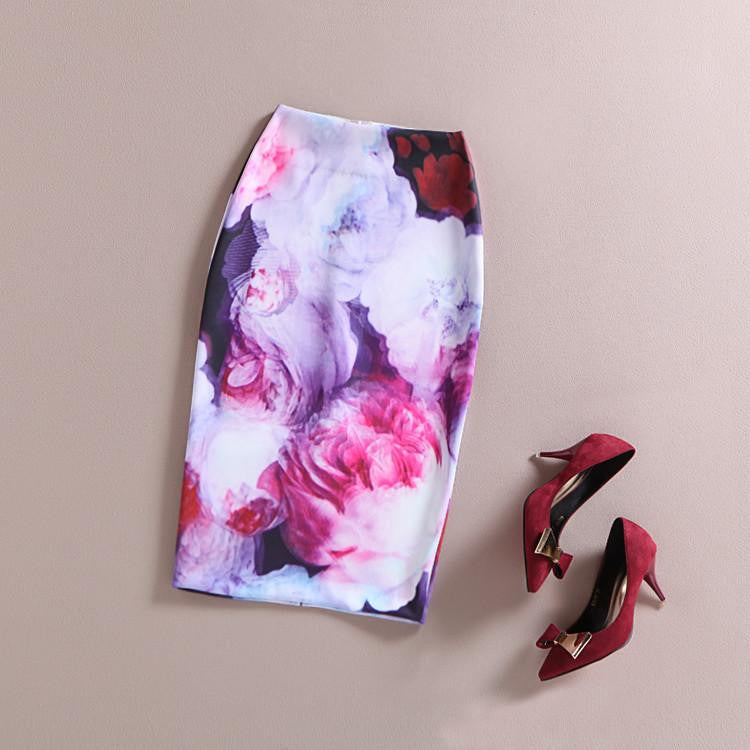 Vintage Retro Fantasy 3D Oil Painting Mid-Calf Rose Flower Floral Print High Waist Pencil Skirt Bodycon Gonne Elastic Hip