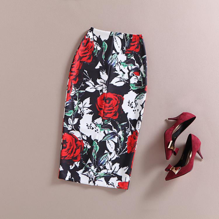 Vintage Retro Fantasy 3D Oil Painting Mid-Calf Rose Flower Floral Print High Waist Pencil Skirt Bodycon Gonne Elastic Hip