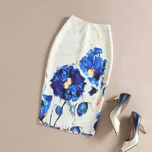 Vintage Retro Fantasy 3D Oil Painting Mid-Calf Rose Flower Floral Print High Waist Pencil Skirt Bodycon Gonne Elastic Hip