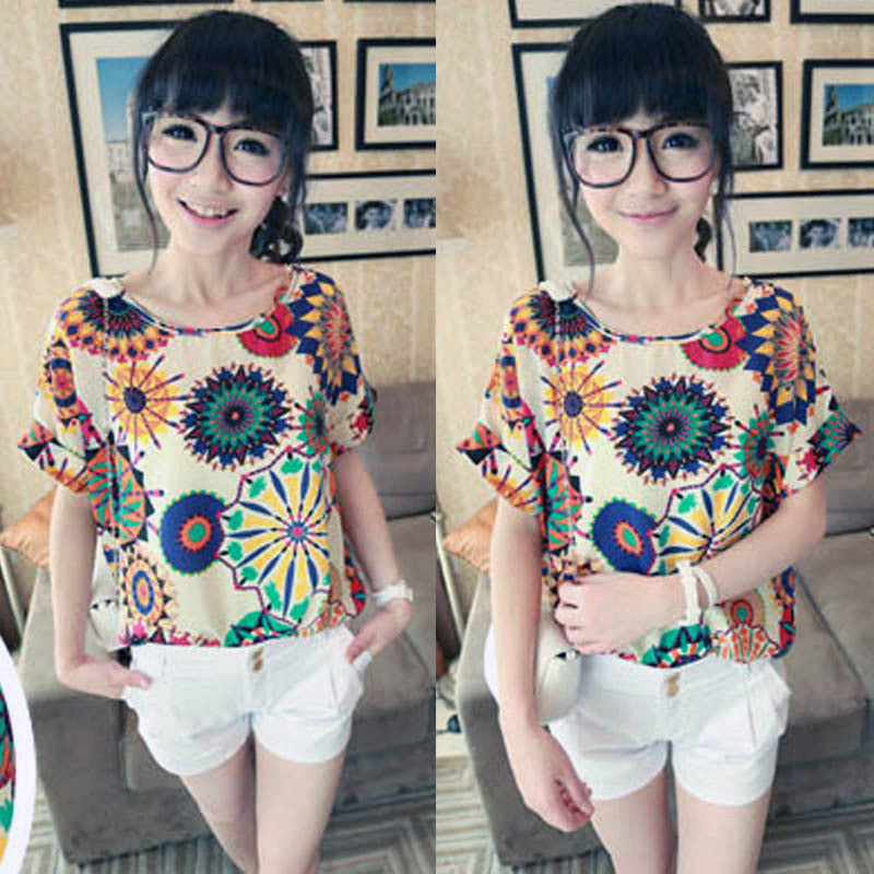 Online discount shop Australia - Chiffon T-Shirts Ladies Loose Short Sleeve Shirts Striped Heart Lip Tops Batwing Sleeve Sexy