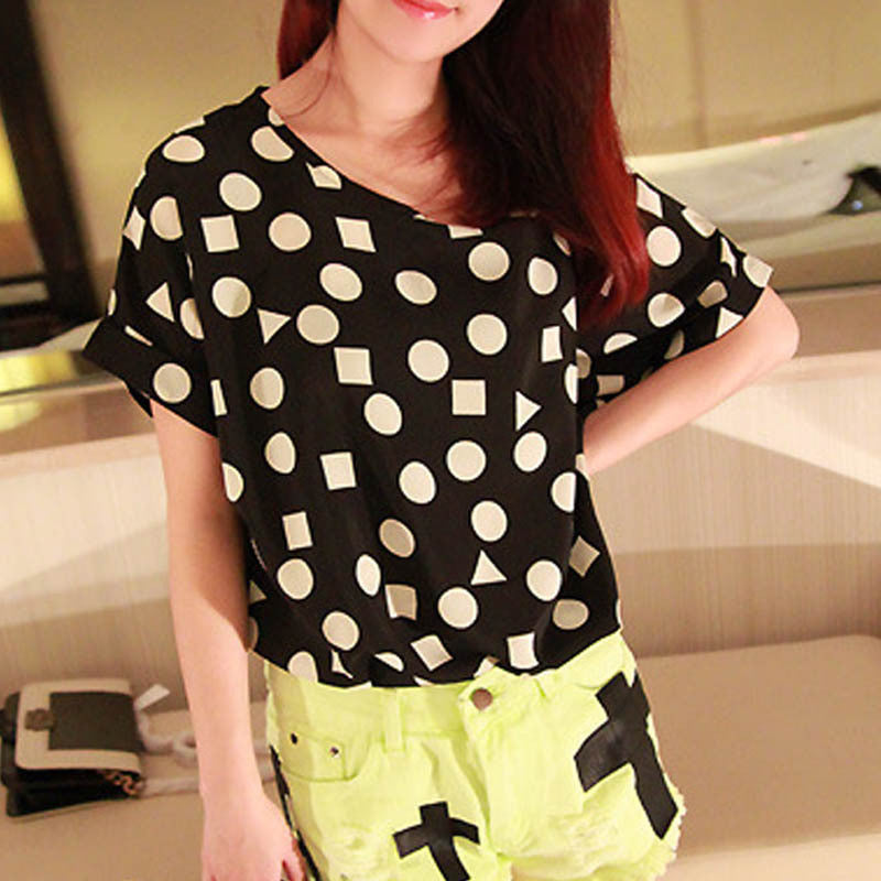 Online discount shop Australia - Chiffon T-Shirts Ladies Loose Short Sleeve Shirts Striped Heart Lip Tops Batwing Sleeve Sexy
