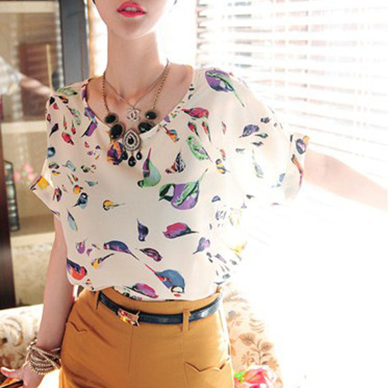 Online discount shop Australia - Chiffon T-Shirts Ladies Loose Short Sleeve Shirts Striped Heart Lip Tops Batwing Sleeve Sexy