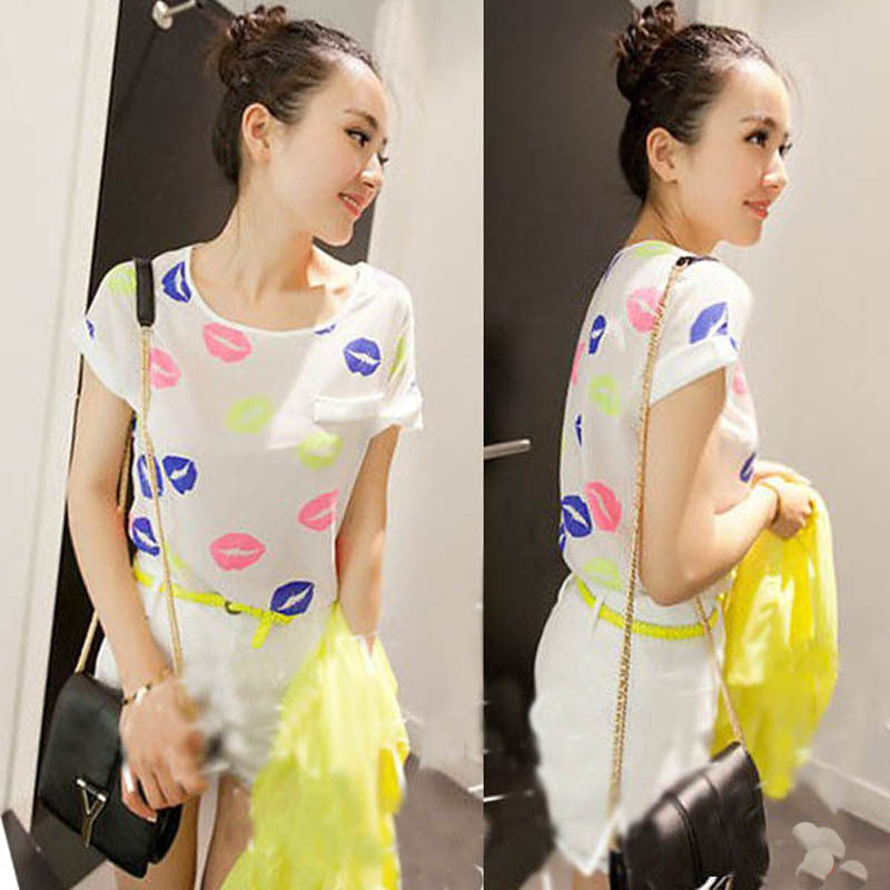 Online discount shop Australia - Chiffon T-Shirts Ladies Loose Short Sleeve Shirts Striped Heart Lip Tops Batwing Sleeve Sexy