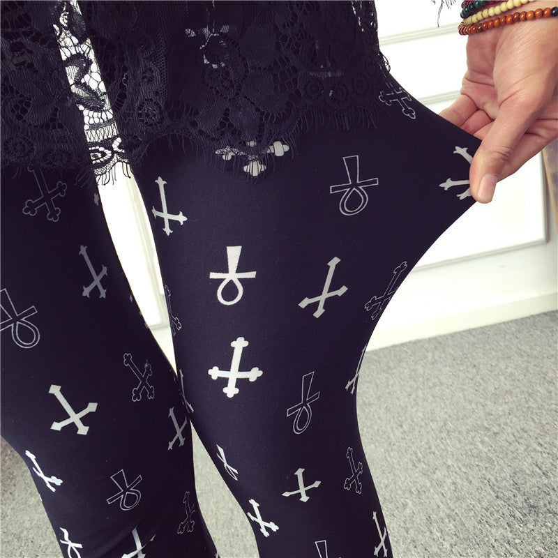 Fashion Casual Cotton BRUSHED Black Milk Leggings Pants Female Elastic Plaid Graffiti Leggings Trousers Women