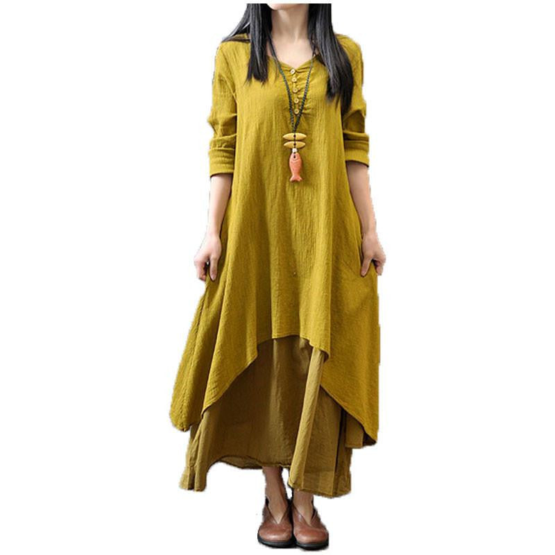 Top Fashion Autumn Women Casual Loose Long Sleeve Dress Cotton Linen Solid Long Maxi Dress Vestidos Plus Size S-5XL