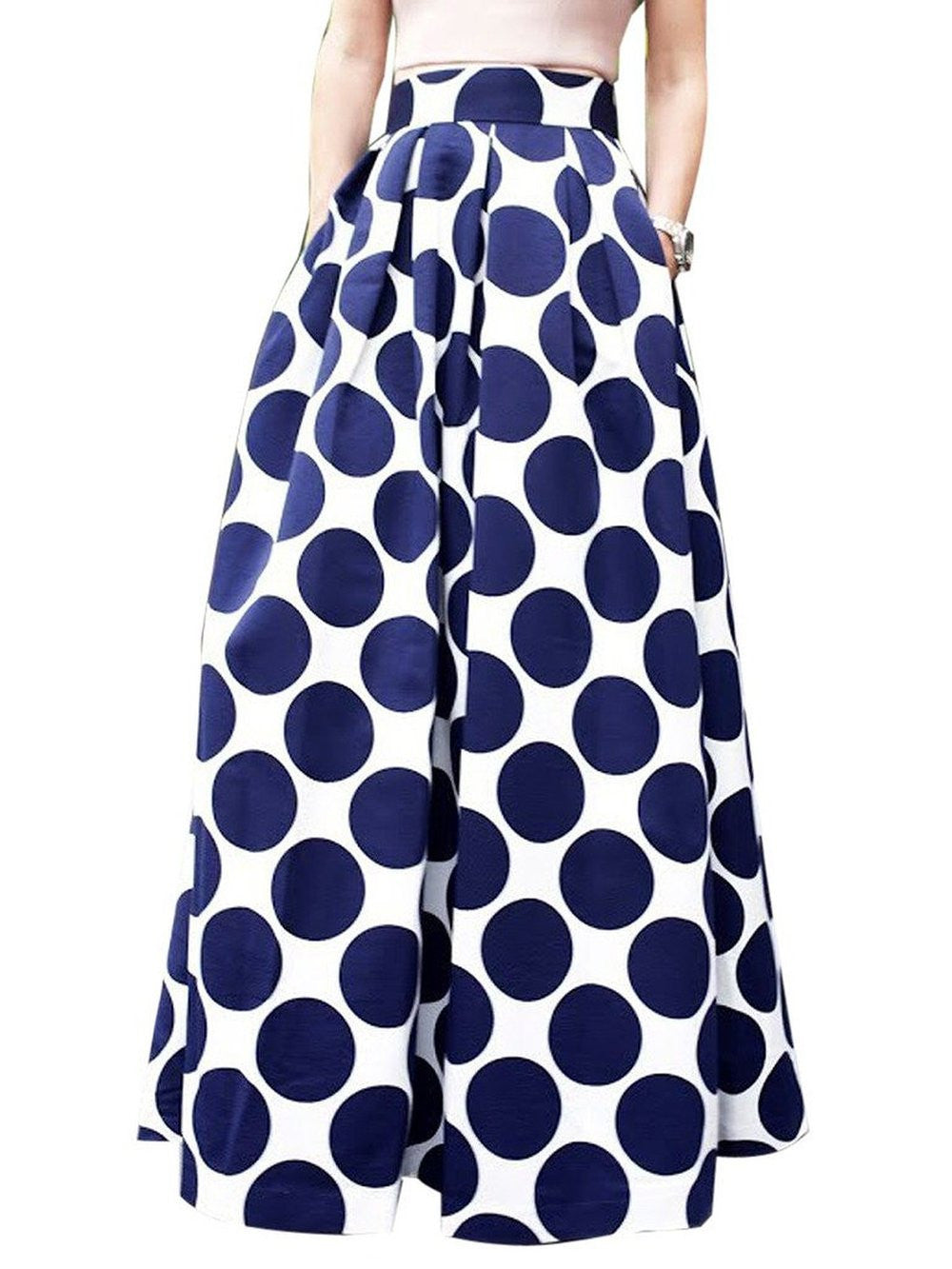 Online discount shop Australia - High Waist Polka Dots Print Pleated Maxi Skirt Fall Contrast Casual A Line Skater Women Clothing