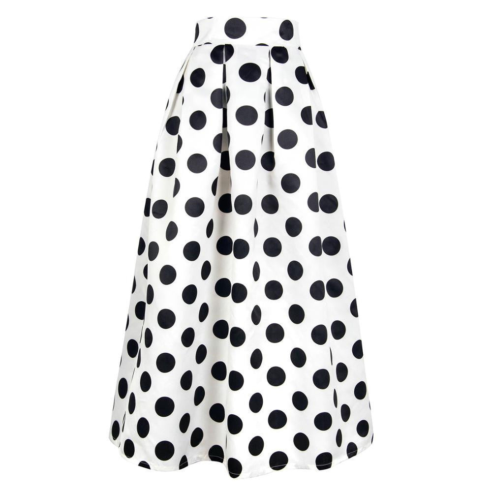 Online discount shop Australia - High Waist Polka Dots Print Pleated Maxi Skirt Fall Contrast Casual A Line Skater Women Clothing