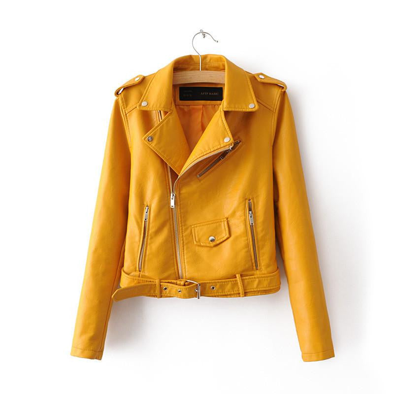 Women PU Leather Jackets Lady Slim Fit Motorcycle Zipper Black Coat Drop
