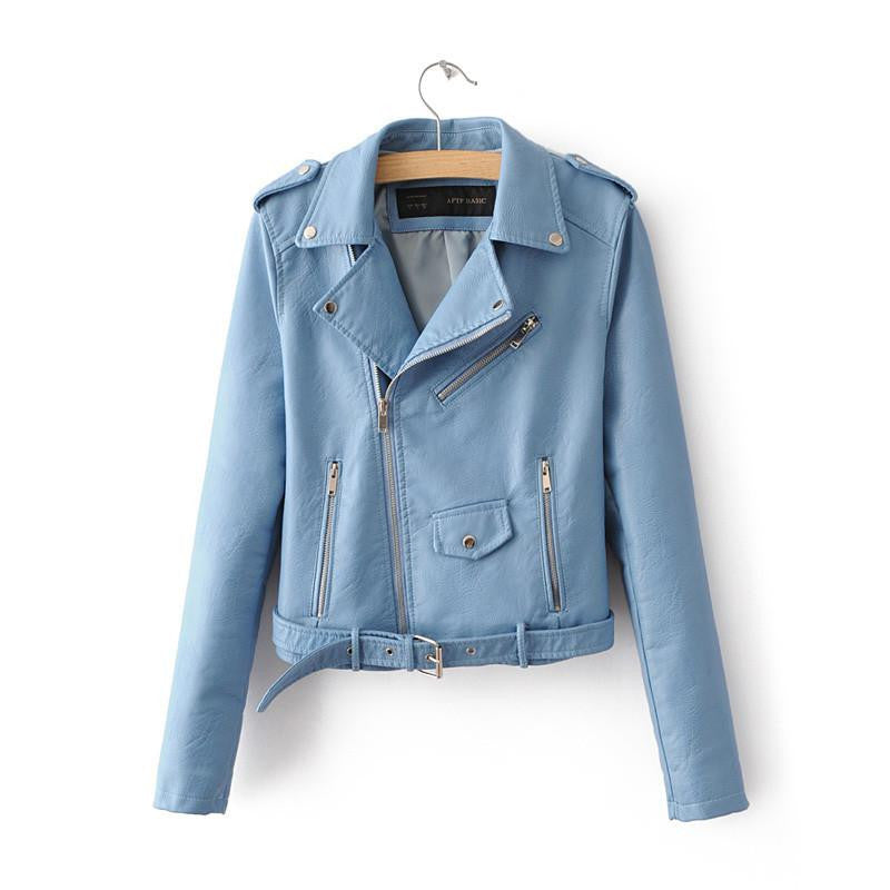 Women PU Leather Jackets Lady Slim Fit Motorcycle Zipper Black Coat Drop