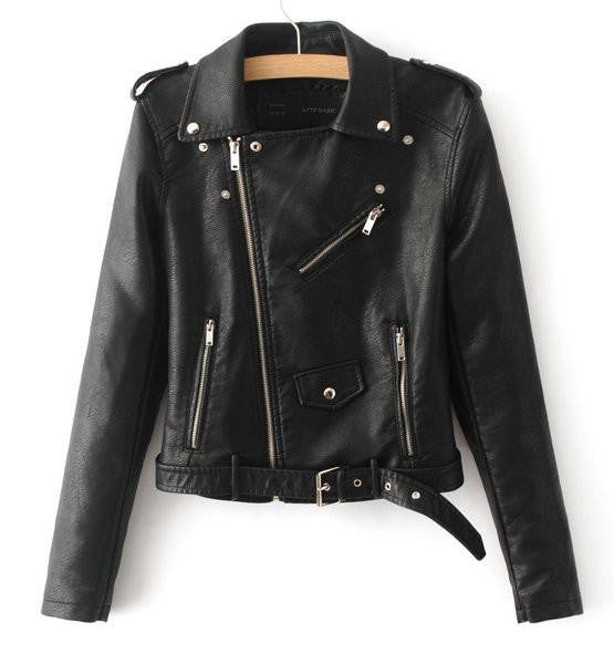 Women PU Leather Jackets Lady Slim Fit Motorcycle Zipper Black Coat Drop