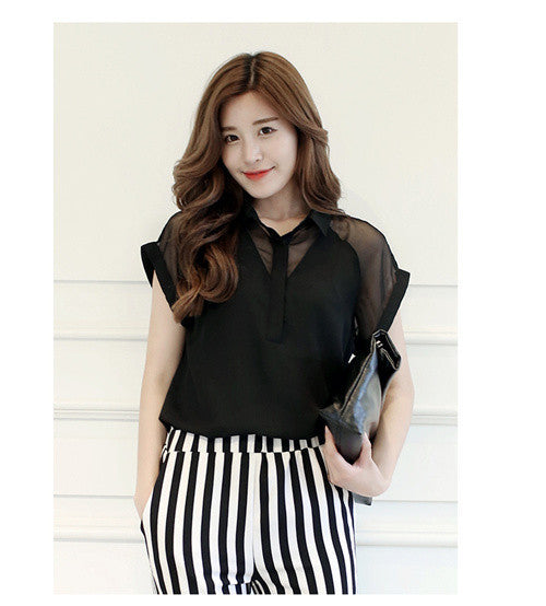 Woman Blouses Chiffon Lace Short Sleeve Ladies Fashion Tops Office Clothing Female Shirts