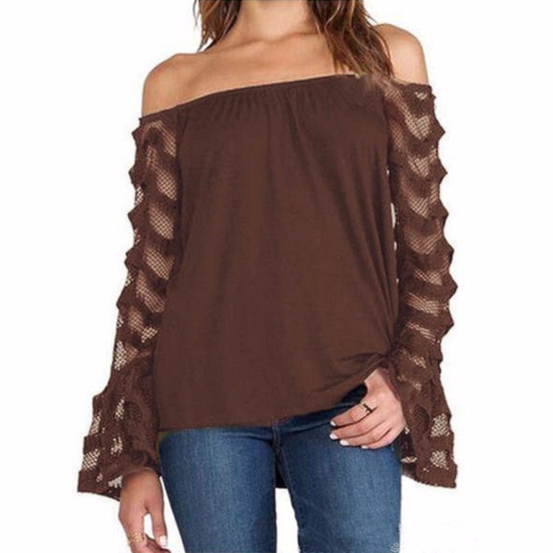 Online discount shop Australia - Fashion Women Blouse Off Shoulder Mesh Long Sleeve Lace Shirt Tops Plus Size S-5XL Sexy