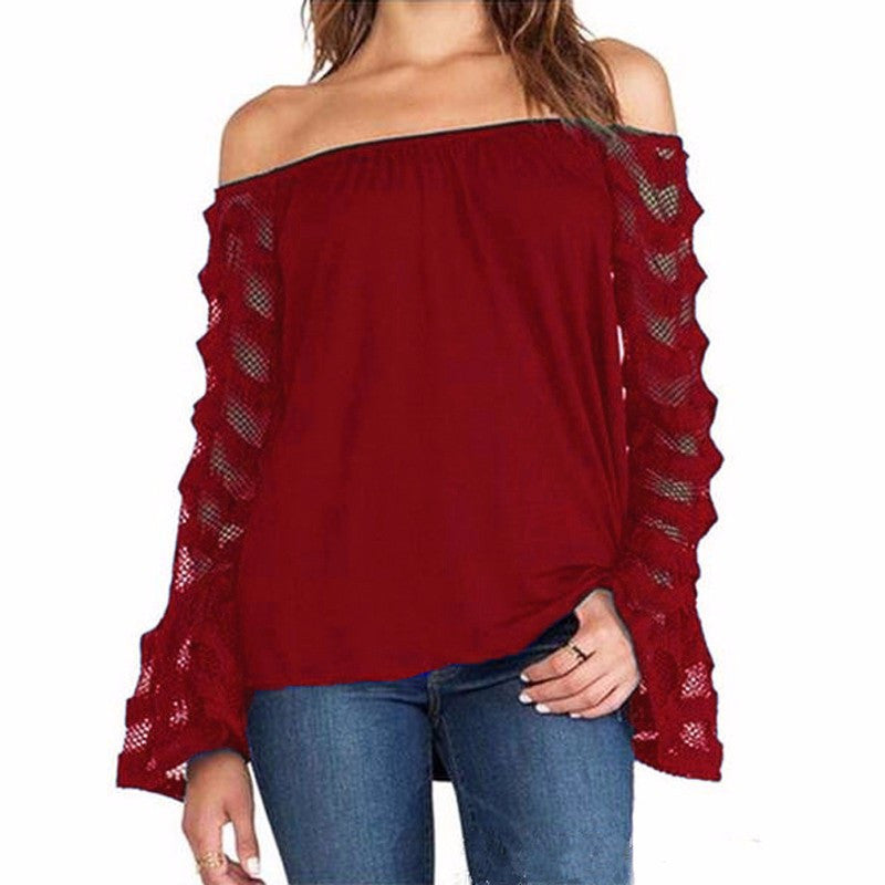 Online discount shop Australia - Fashion Women Blouse Off Shoulder Mesh Long Sleeve Lace Shirt Tops Plus Size S-5XL Sexy