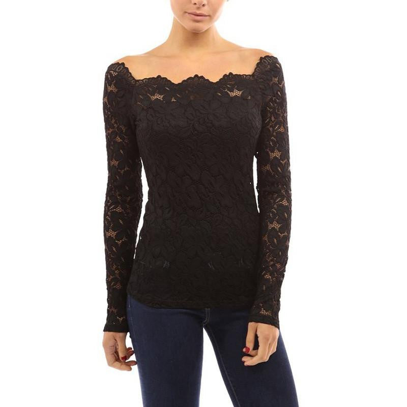 Lace Blouse Women Off Shoulder Slash Neck Crochet Solid Shirts Long Sleeve Slim Casual Tops Plus Size