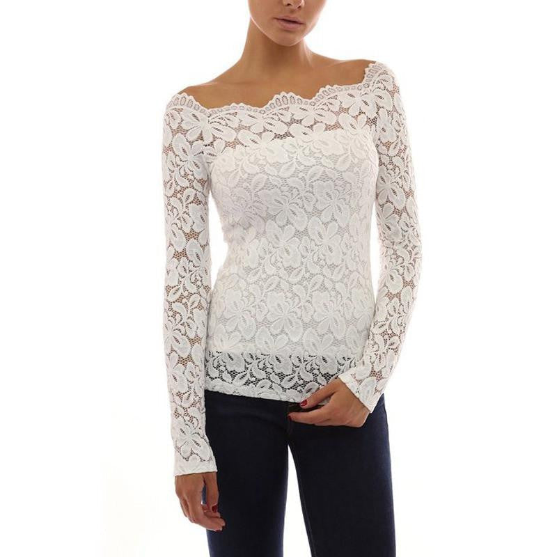 Lace Blouse Women Off Shoulder Slash Neck Crochet Solid Shirts Long Sleeve Slim Casual Tops Plus Size