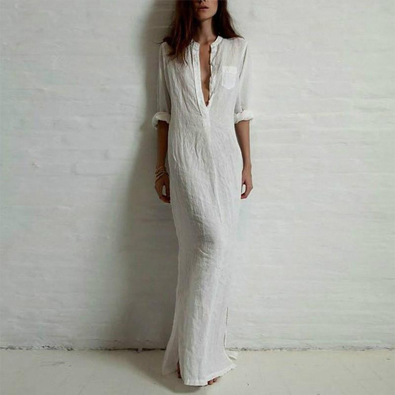 Women Casual Dress Long Sleeve O Neck Linen Split Solid Long Maxi Dress Plus Size