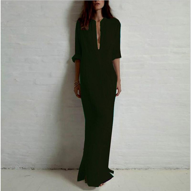 Women Casual Dress Long Sleeve O Neck Linen Split Solid Long Maxi Dress Plus Size