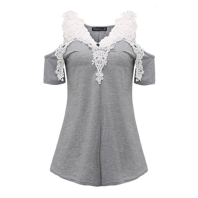 Online discount shop Australia - Lace Patchwork Blouse Women Casual Cotton Sexy Off Shoulder V Neck Shirt Ladies Long Sleeve Plus Size Tee Top