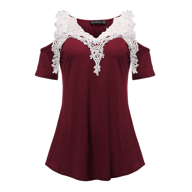 Online discount shop Australia - Lace Patchwork Blouse Women Casual Cotton Sexy Off Shoulder V Neck Shirt Ladies Long Sleeve Plus Size Tee Top