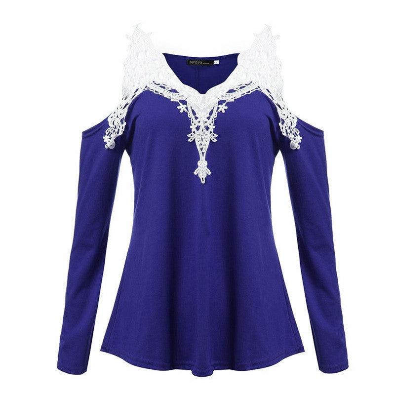 Online discount shop Australia - Lace Patchwork Blouse Women Casual Cotton Sexy Off Shoulder V Neck Shirt Ladies Long Sleeve Plus Size Tee Top