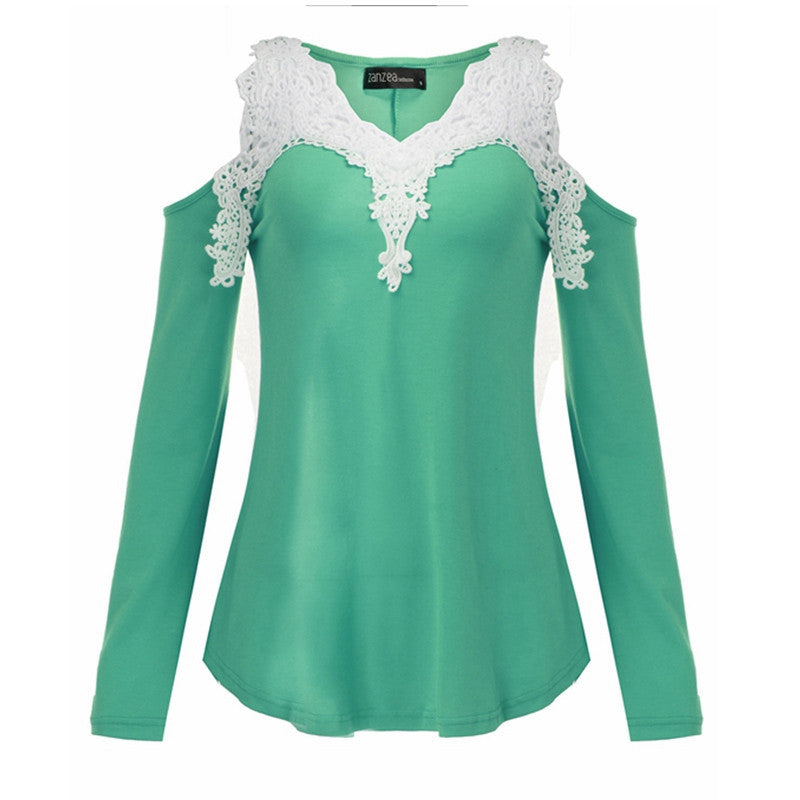 Online discount shop Australia - Lace Patchwork Blouse Women Casual Cotton Sexy Off Shoulder V Neck Shirt Ladies Long Sleeve Plus Size Tee Top