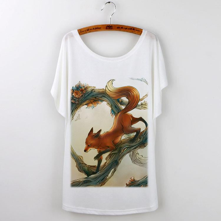 Tops Animal T-Shirts For Women Clothing Cute Fox Short Sleeve White T Shirt Tee Shirt