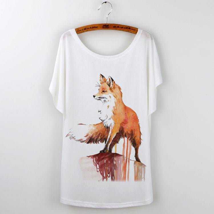 Tops Animal T-Shirts For Women Clothing Cute Fox Short Sleeve White T Shirt Tee Shirt