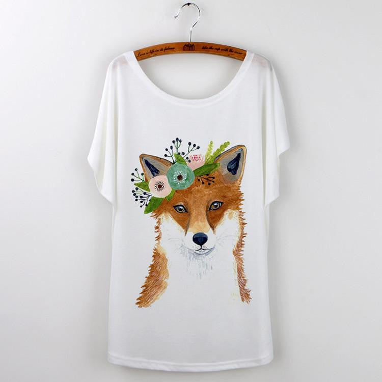 Tops Animal T-Shirts For Women Clothing Cute Fox Short Sleeve White T Shirt Tee Shirt