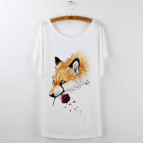 Tops Animal T-Shirts For Women Clothing Cute Fox Short Sleeve White T Shirt Tee Shirt