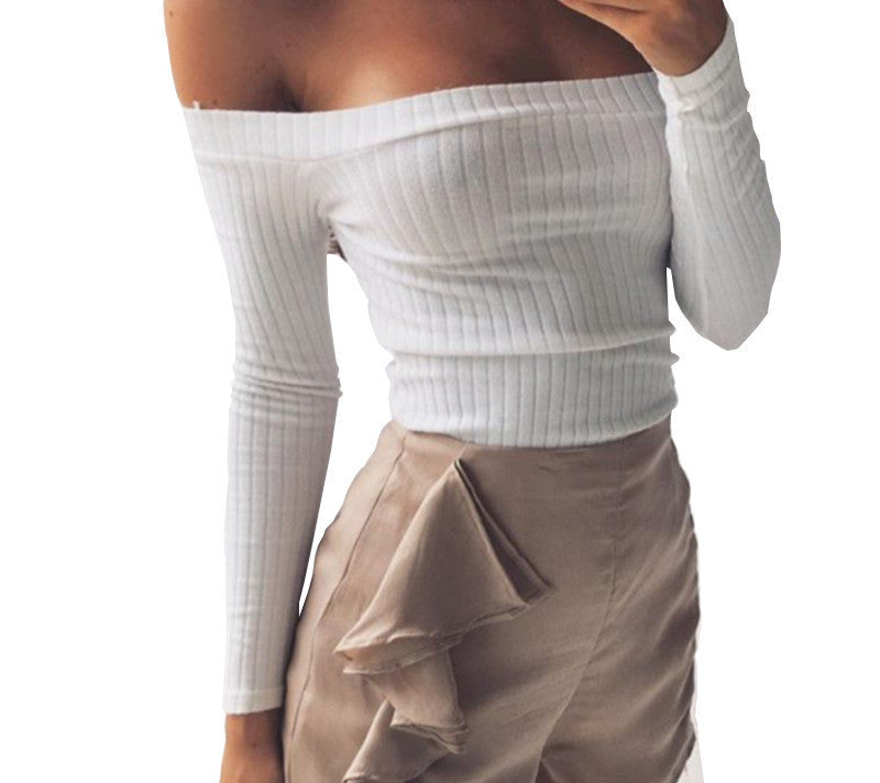 off shoulder crop top t shirts long sleeve solid short t-shirts for women clothing fashion slim t-shirt