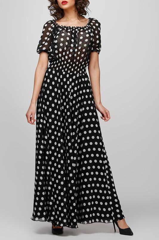 Summer Style Black Polka Dot Maxi Long Dresses Clothing Women Casual Dress for a Floor Print Chiffon Tunic 2167#