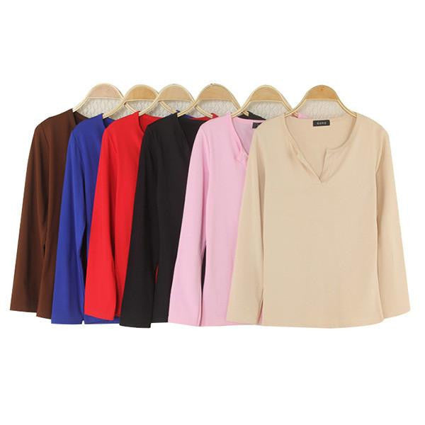 Online discount shop Australia - Factory Price New women basic V Neck Long Sleeve fitted plain top solid stretch shirt S-M