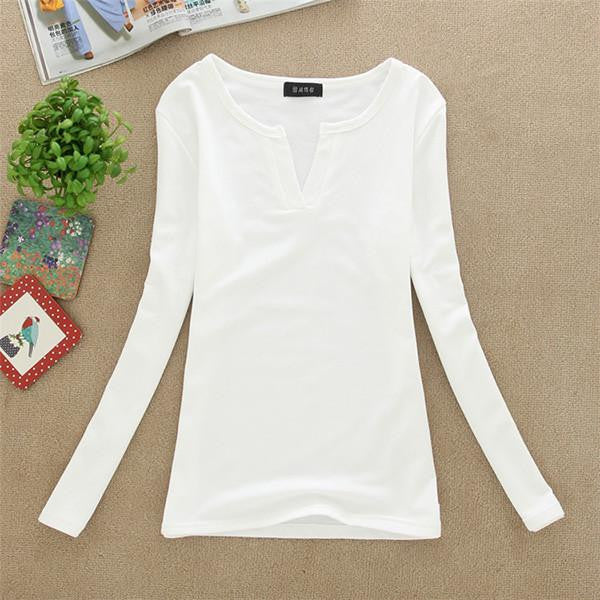 Online discount shop Australia - Factory Price New women basic V Neck Long Sleeve fitted plain top solid stretch shirt S-M